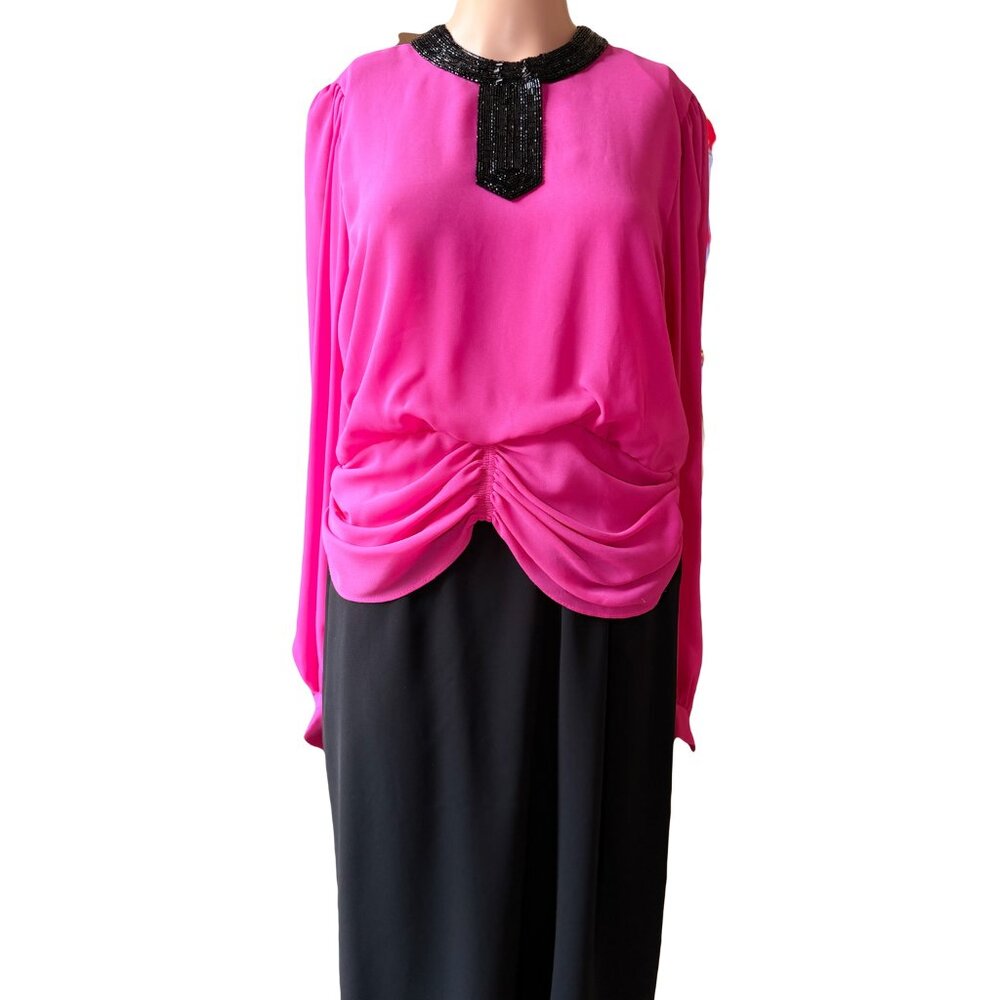 Vintage 80s Hot Pink & Black Beaded Dress